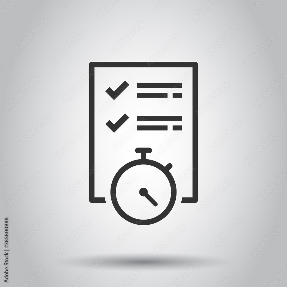 Document witch clock icon in flat style. Checklist survey vector illustration on white isolated background. Fast service business concept. Document witch clock icon in flat style. Checklist survey vector illustration on white isolated background. Fast service business concept.