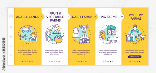 Farm production types onboarding vector template. Arable lands. Fruit and vegetable farms. Responsive mobile website with icons. Webpage walkthrough step screens. RGB color concept