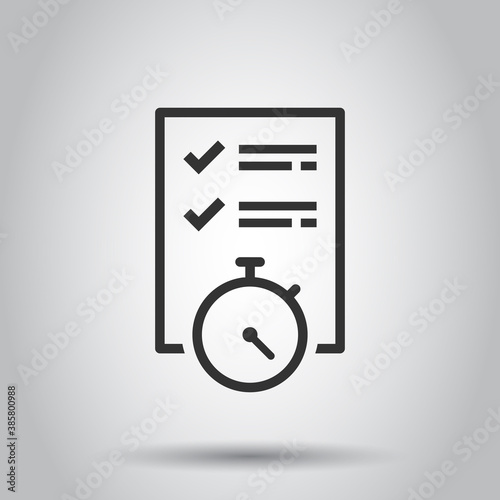 Document witch clock icon in flat style. Checklist survey vector illustration on white isolated background. Fast service business concept.