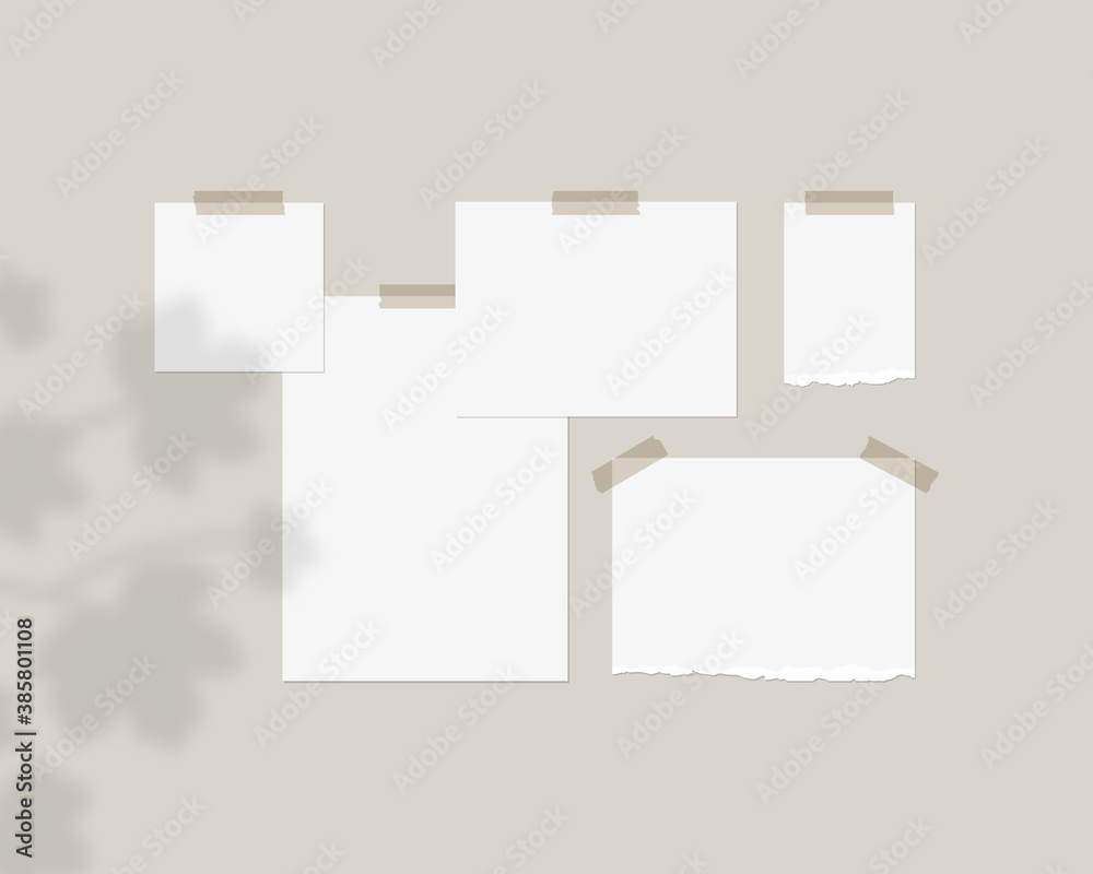 Mood board mockup template. Empty sheets of white paper on the wall with shadow overlay. Mockup vector isolated. Template design. Realistic vector illustration. Mood board mockup template. Empty sheets of white paper on the wall with shadow overlay. Mockup vector isolated. Template design. Realistic vector illustration.