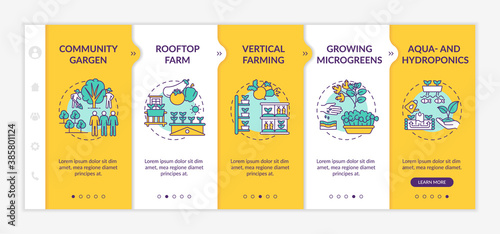 Urban farming onboarding vector template. Community gargen. Rooftop farm types. Vertical farming. Responsive mobile website with icons. Webpage walkthrough step screens. RGB color concept