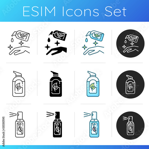 Antibacterial sanitizers icons set. Moisturizing hand lotion in bottle. Organic herbal gel. Spray for personal hygiene. Linear, black and RGB color styles. Isolated vector illustrations