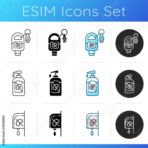 Hand sanitizers icons set. Liquid soap in pump for germs protection. Sanitation product in public restroom. Hygiene care. Linear, black and RGB color styles. Isolated vector illustrations