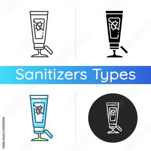Gel hand sanitizer icon. Disinfectant skincare product. Antibacterial lotion in tube. Germs killing liquid soap. Virus prevention. Linear black and RGB color styles. Isolated vector illustrations