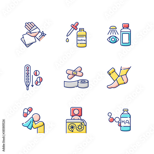 First aid RGB color icons set. Injury treatment. Illness remedy. Medical equipment for hurt patient. Hospital help for injury and trauma. Pills and medication. Isolated vector illustrations photo