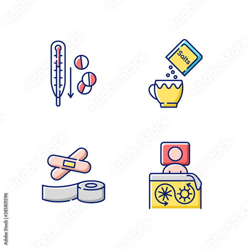 First aid medication RGB color icons set. Fever reducer pills. Oral rehydration. Thermal blanket. Sticky tape and plaster. Open wound treatment. Influenza remedy. Isolated vector illustrations
