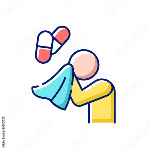 Antihistamine medications RGB color icon. Pill for allergy treatment. Flu medication. Illness remedy. Sickness medicine. Respiratory problem medicinal therapy. Isolated vector illustration