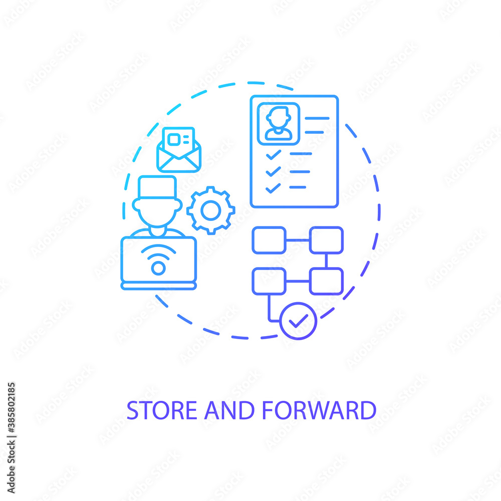 Store and forward concept icon. Telemedicine pros. Sending patient information to different doctors. Remote clinic idea thin line illustration. Vector isolated outline RGB color drawing Store and forward concept icon. Telemedicine pros. Sending patient information to different doctors. Remote clinic idea thin line illustration. Vector isolated outline RGB color drawing
