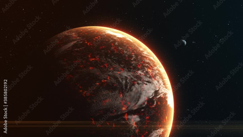 Alien volcanic planet in deep space. 3D Animation