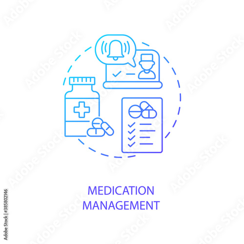 Medication management concept icon. Telemedicine services types. Healthcare innovations. Future patient treatment idea thin line illustration. Vector isolated outline RGB color drawing