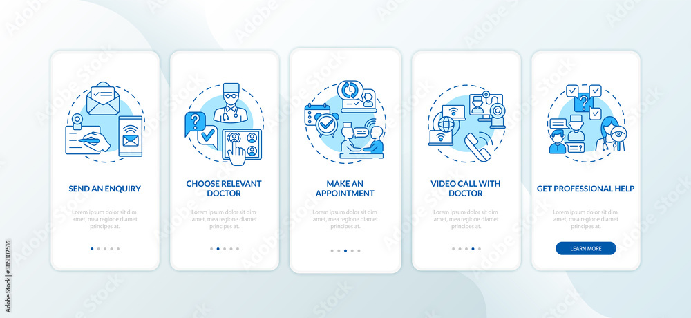Telemedical consultation steps onboarding mobile app page screen with concepts. Future doctor work walkthrough 5 steps graphic instructions. UI vector template with RGB color illustrations