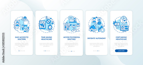 Telemedicine benefits onboarding mobile app page screen with concepts. Hostpital innovations walkthrough 5 steps graphic instructions. UI vector template with RGB color illustrations