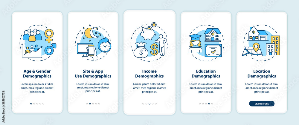 Social media demographics onboarding mobile app page screen with concepts. Age and gender, income demographics walkthrough 5 steps graphic instructions. UI vector template with RGB color illustrations