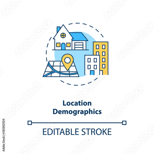 Location demographics concept icon. Social media demographics idea thin line illustration. Geographic locations. County, city and state. Vector isolated outline RGB color drawing. Editable stroke