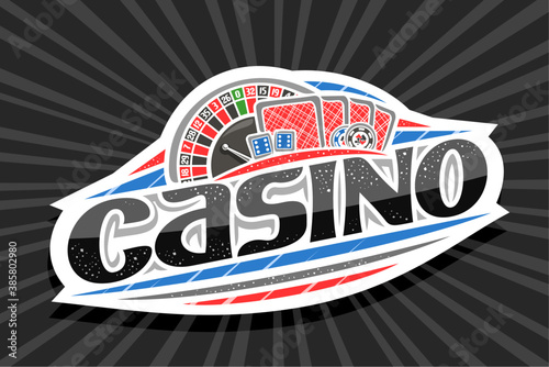 Vector logo for Casino, white modern badge with illustration of roulette and back playing cards, unique lettering for black word casino, gamble sign board with decorative confetti and trendy line art.