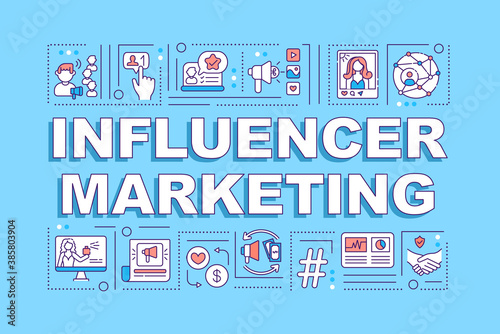 Influencer marketing word concepts banner. Online business advertising. Infographics with linear icons on blue background. Isolated typography. Vector outline RGB color illustration