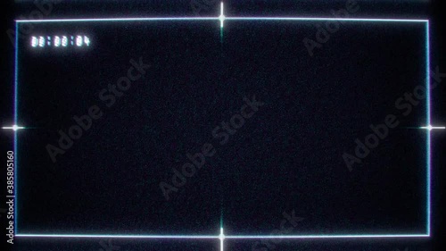 CCTV camera frame. Bright glowing overlay, screen mode texture. On, off switching. Cam view with markers and timer. Digital noise, pixel grid effect. Video recording. Damaged signal. Retro 4K footage
