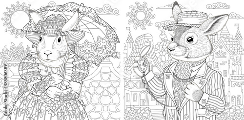 Coloring page. Rabbit girl and boy. Line art drawing for adult or kids coloring book in zentangle style. Vector illustration.