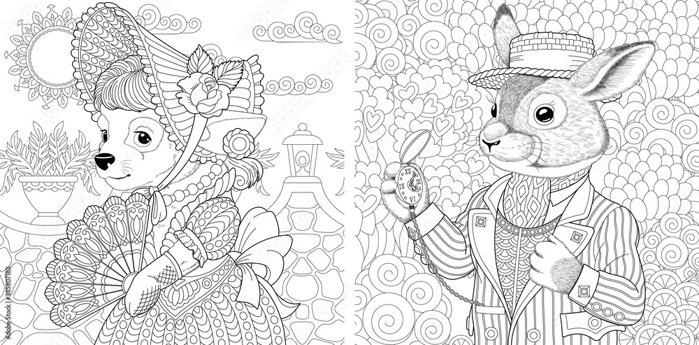 Coloring page. Dog lady and rabbit boy. Line art drawing for adult or ...