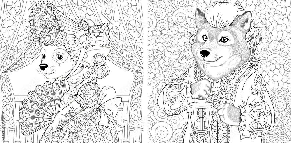 Coloring page. Dog lady and wolf man. Line art drawing for ...