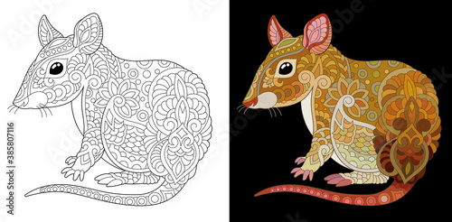 Coloring page. Mouse painting. Line art drawing for adult or kids coloring book in zentangle style. Vector illustration.