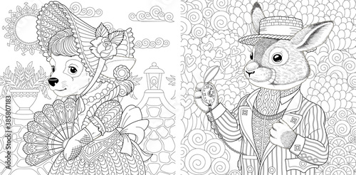 Coloring page. Dog lady and rabbit boy. Line art drawing for adult or kids coloring book in zentangle style. Vector illustration.