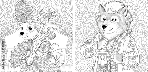 Coloring page. Dog lady and wolf man. Line art drawing for adult or kids coloring book in zentangle style. Vector illustration.