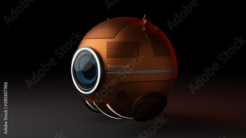 Платно 3d rendering of an isolated spherical flying futuristic droid robot with big blue eyes and white lights on a black background