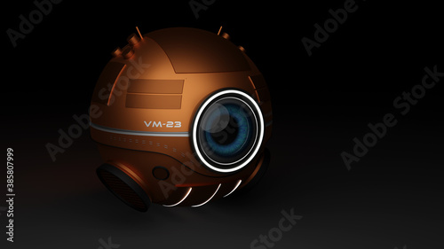 3d rendering of an isolated spherical flying futuristic droid robot with big blue eyes and white lights on a black background.