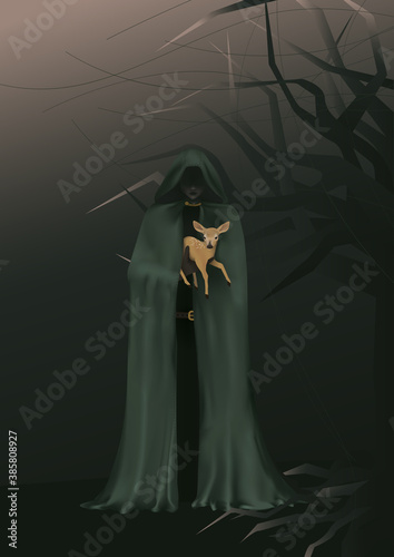 Forest druid holds a baby deer. Fairy character keeping a fawn in safe. Fantasy illustration. 
