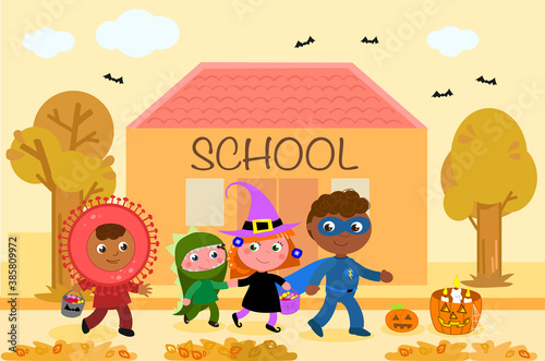 Children with Halloween costumes go to school, cartoon illustration