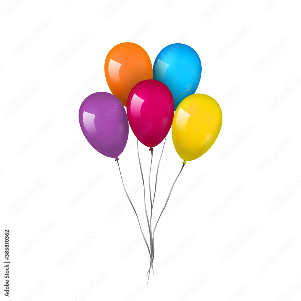 Balloons 3D bunch set, thread, isolated white background. Color glossy flying baloon, ribbon, birthday celebrate, surprise. Helium ballon gift. Realistic shape, design happy bday Vector illustration Balloons 3D bunch set, thread, isolated white background. Color glossy flying baloon, ribbon, birthday celebrate, surprise. Helium ballon gift. Realistic shape, design happy bday Vector illustration