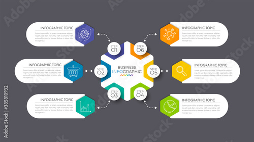 Infographic circle element template can be used for workflow layout, diagram, number options, web design. Infographic business concept with 6 option, parts, steps or processes.	