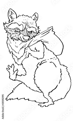 Hand-drawn picture of raccoon thief with a bag over his shoulder.