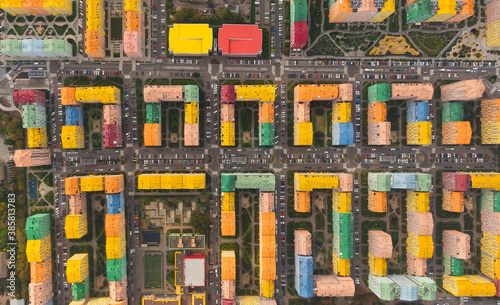 Street with colorful houses in Kyiv, Ukraine. Aerial