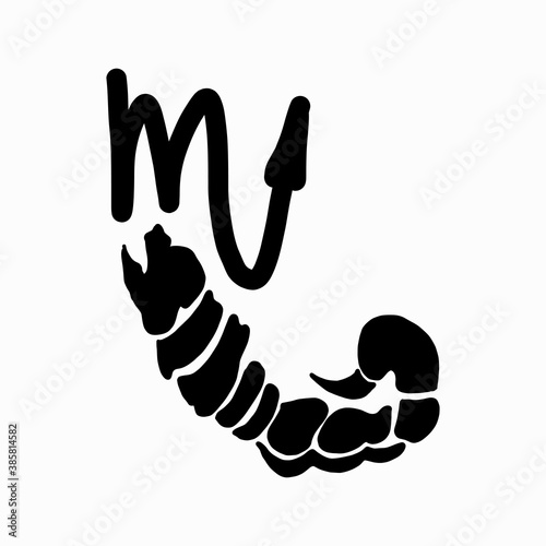 zodiac sign Scorpio vector illustration isolated on white background. For stickers, postcards, t-shirt design. Zodiac sign in the form of the letter m and arrow and stylized tail of a Scorpion.