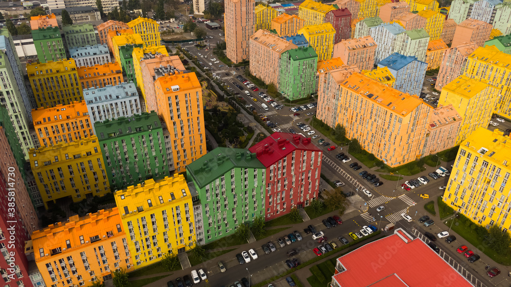 Street with colorful houses in Kyiv, Ukraine. Aerial