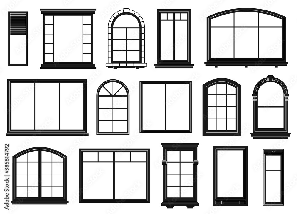 Window silhouettes. Exterior framing windows, black outline ornate arches and doors architectural building, isolated vector set. Architectural window exterior, line arch wooden outline illustration