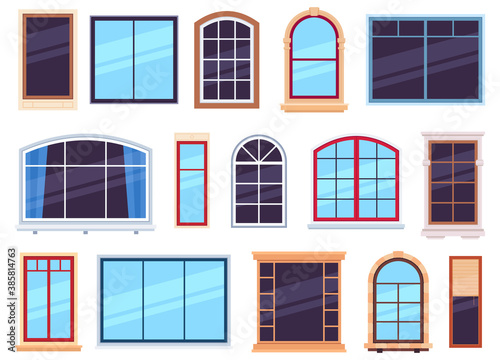 Window frames. Exterior view various wooden and detailed plastic windows, casement frames on house wall architecture design flat vector set. Window interior plastic and wood construction illustration