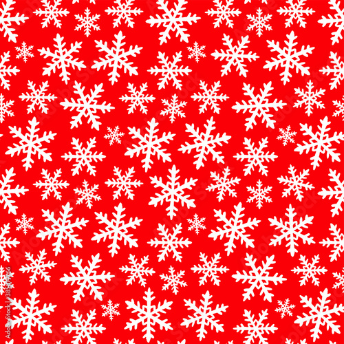Beautiful white snowflakes isolated on red background. Cute festive seamless pattern. Ink sketch silhouette. Vector flat graphic hand drawn illustration. Texture.