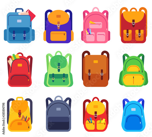 School bags. Backpacks with zipper and pockets for study and traveling, luggage objects. Back to school, students rucksacks flat vector set. Illustration schoolbag and baggage, luggage college