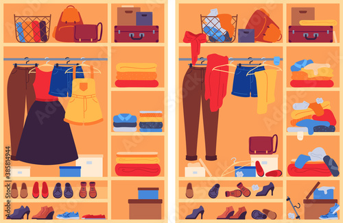 Messy clothes in wardrobe. Open closet with messy, organized shoes and accessories, cloakroom before and after organization, vector concept. Wardrobe clothes and messy closet illustration