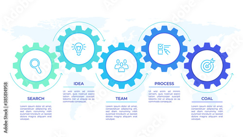 Gears infographics. Cogwheels transmission connecting mechanical, engineering techo progress business presentation start-up vector concept. Cog wheel connection banner, gear infographic illustration photo