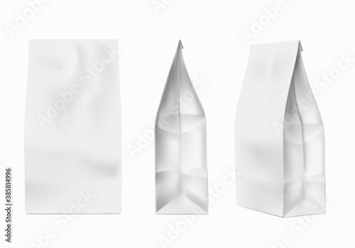 Coffee package mockup. White foil paper bag template for coffee, salt, sugar. Spices, flour, cookie product packing vector set. Bag and pack mockup foil, snack package, pouch coffee illustration
