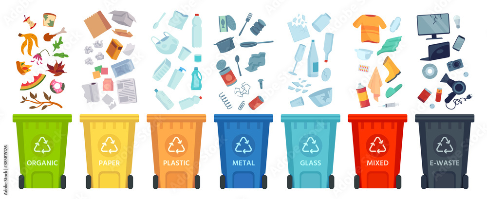 Waste segregation. Sorting garbage by material and type in colored trash cans. Separating and recycling garbage vector infographic. Garbage and trash, ecology rubbish recycling illustration - obrazy, fototapety, plakaty 