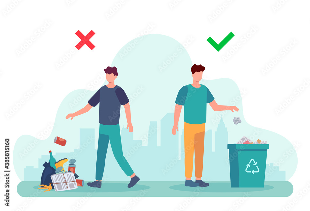 Littering behavior. Infographic of correct and wrong examples of
