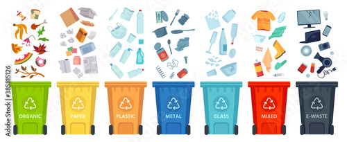 Waste segregation. Sorting garbage by material and type in colored trash cans. Separating and recycling garbage vector infographic. Garbage and trash, ecology rubbish recycling illustration photo