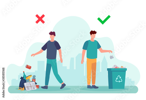 Littering behavior. Infographic of correct and wrong examples of throwing out garbage. Illustration of man disposing trash in container. Recycle rubbish, recycling environment littering