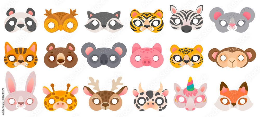 Animal mask. Photo booth props, panda bear and zebra, tiger and pig, koala  and cow, unicorn and monkey, owl carnival zoo masks vector set.  Illustration booth carnival, cartoon props costume Stock Vector |