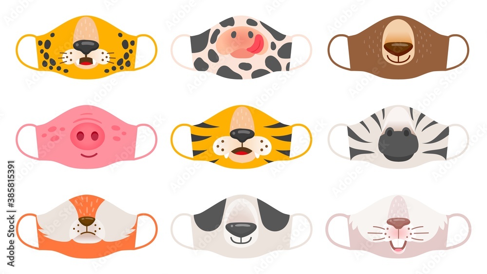 Fototapeta premium Medical mask with animals faces. Tiger, pig and zebra, bear and rabbit, fox and cow kids covid-19 protective masks vector set. Face animal protection mask against coronavirus illustration